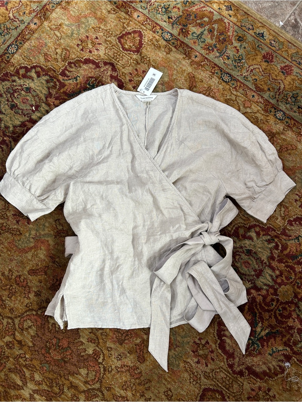 Club Monaco Neutral Wrap Linen Blouse with Side Tie Size L / XL
